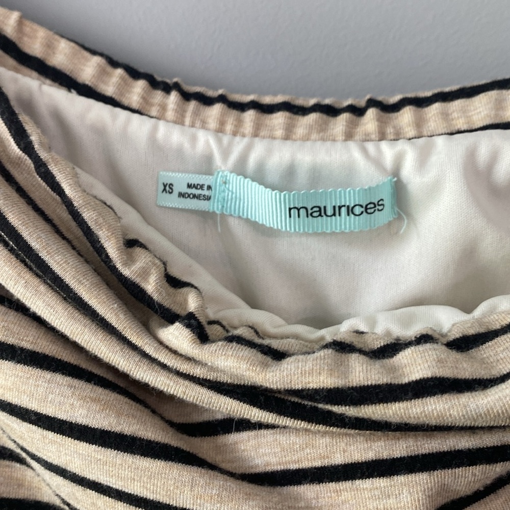Women’s casual strapless summer dress. Brand is Maurice’s tan & black striped. - Picture 3 of 4